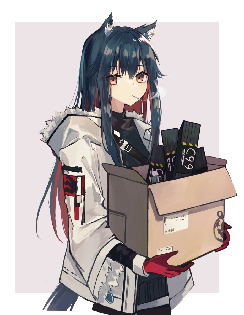 texas (arknights) 1girl solo animal ears red gloves gloves official alternate costume holding box  illustration images