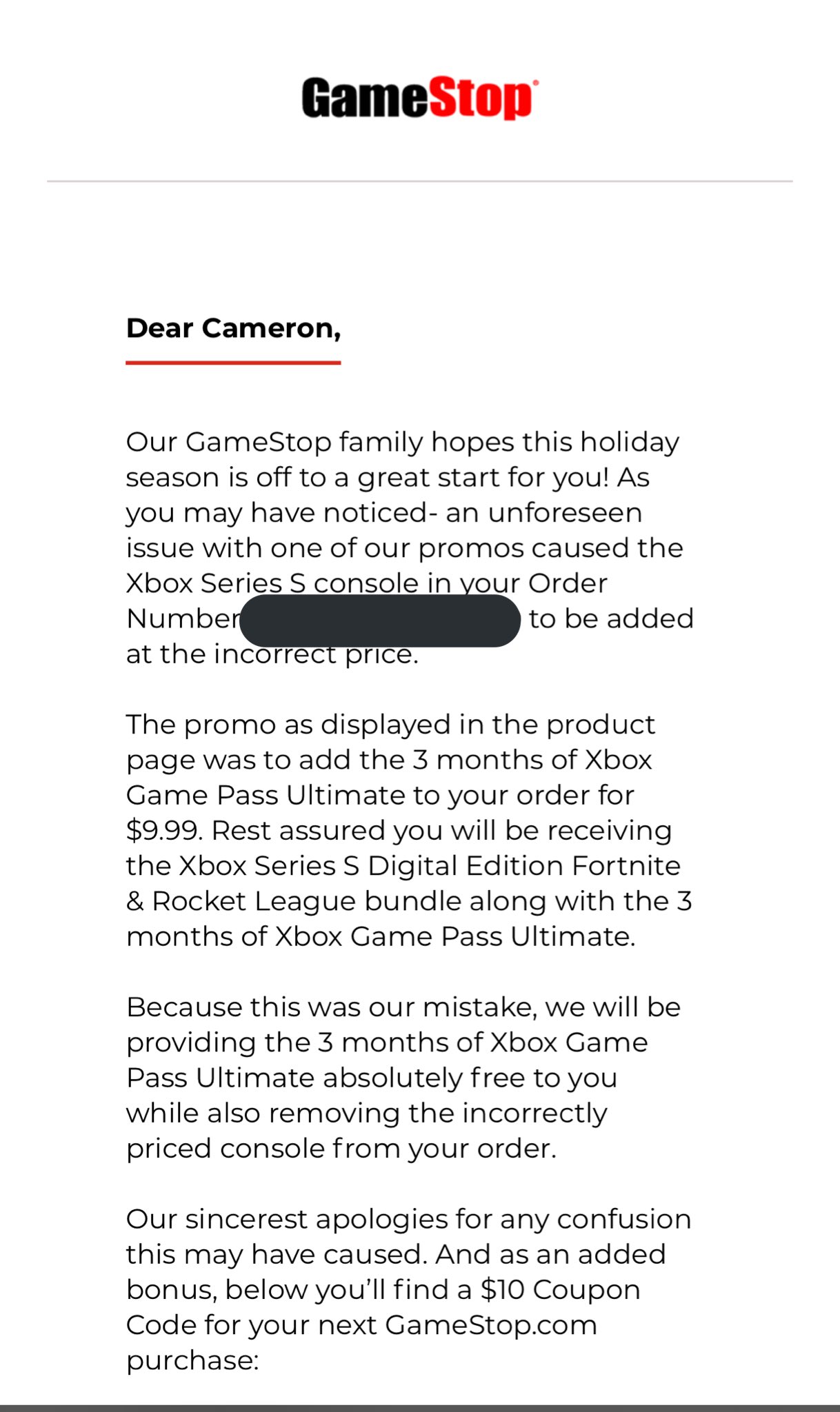KillerCam1020🎮 on Twitter: "Series S glitch orders are being cancelled  (we're all so surprised 😂) however if you did get an order in gamestop is  sending out apology letters with free gamepass