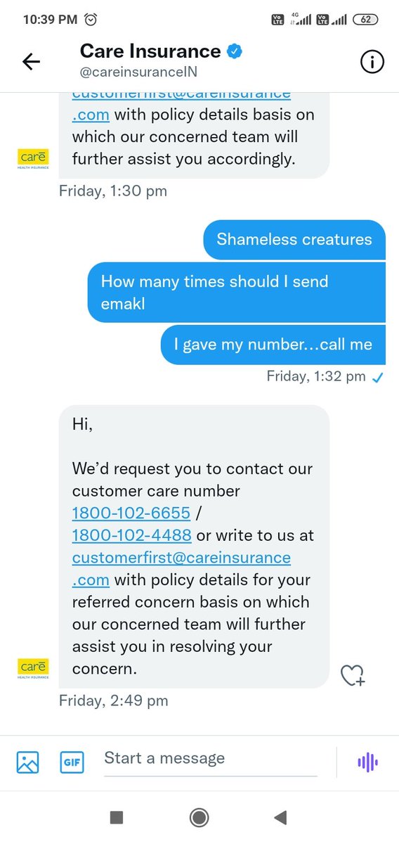 ColorsEarthy's tweet photo. @careinsuranceIN Shameless people using bots in Twitter to reply. Since months I'm asking to call me on my number. Till now no call nothing. Sent lot of emails but no response. Don't ever take this company policy. I'll post chat screenshots here to show their reality. https://t.co/og3S1ueiZ2