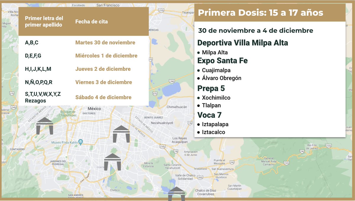 EduardoClark's tweet image. Estamos contentos de iniciar ya la próxima semana la vacunación para jóvenes de 15 a 17 años de edad en la Ciudad de México. Acá los datos de qué sedes y días para cada alcaldía. Regístrense en mivacuna.salud.gob.mx y recibirán mañana un mensaje SMS con su cita personalizada.
