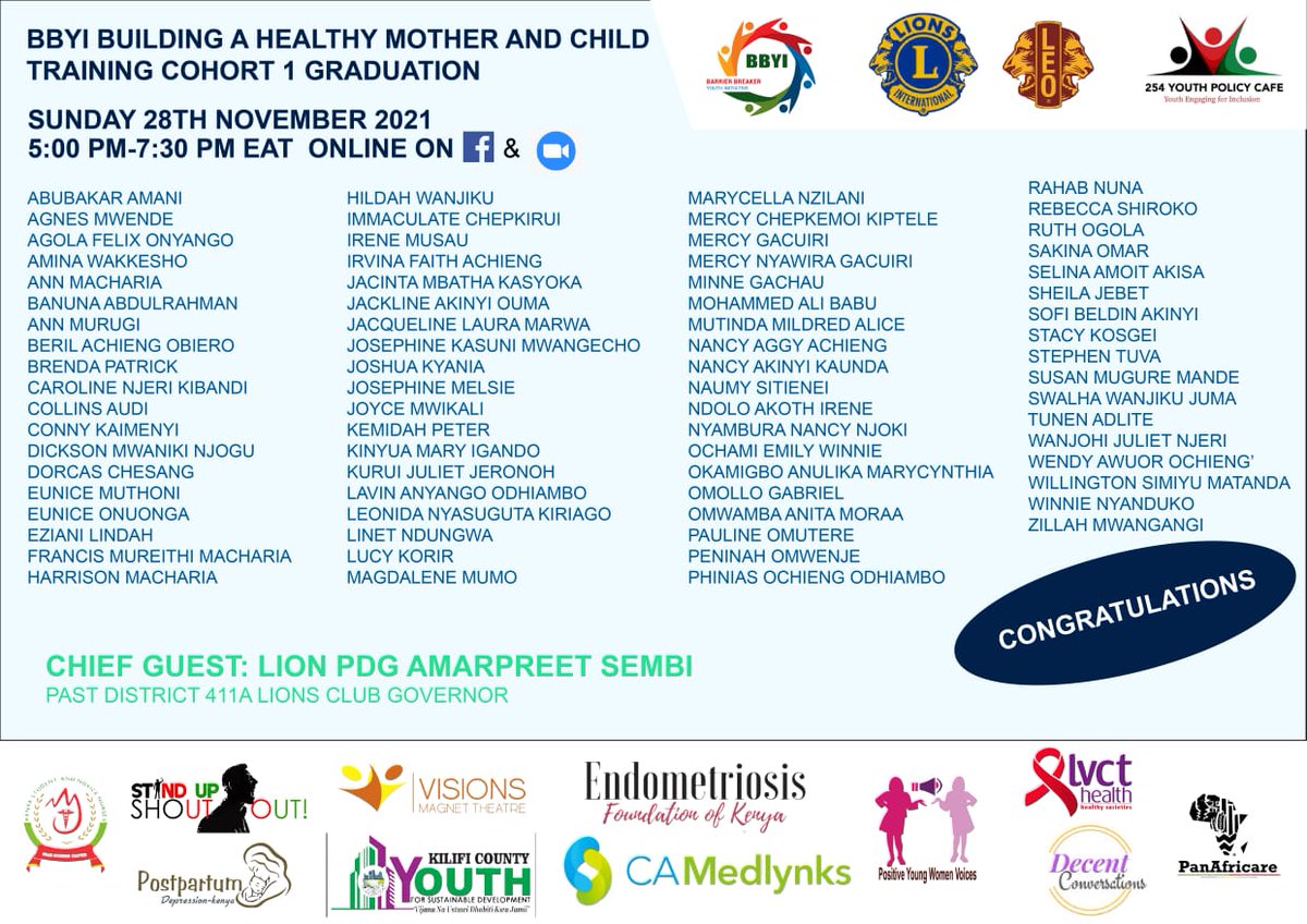 First Cohort Graduation is to be held tomorrow 5pm to 7:30pm. 
<a href="/bbyinitiative/">BARRIER BREAKERS YOUTH INITIATIVE (BBYI)</a>
<a href="/KESNNUR/">Kenya Student and Novice Nurses</a>
<a href="/EndoFoundKE/">Endometriosis Foundation of Kenya</a>
<a href="/MutukuKatile/">Dr.Katile wa Mutuku</a>
<a href="/marycella02/">Marycella Nzilani</a>
<a href="/AnnMuru71670980/">Ann Murugi</a>
<a href="/JoshuaKyania/">Joshua Kyania</a>
<a href="/KombeMartha/">martha kombe◢◤</a>
#BHMC
#SDG3
#FGM
#STIs
#Maternalhealth
#Pregnancy
#teenagepregnancy
#Pregnancytest