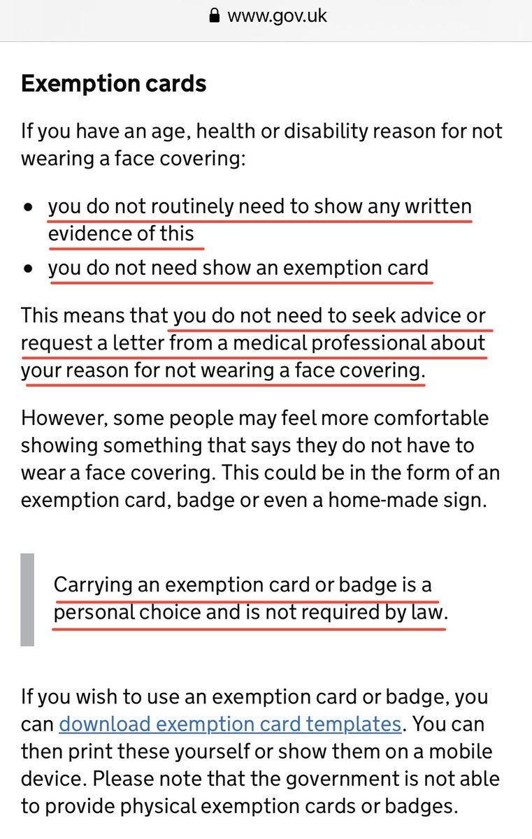 JuliaHB1's tweet photo. Some helpful information on mask exemptions for those who find it "severely distressing" to be forced to wear a pointless piece of cloth over their face to go about their normal lives. Remember, they've never worn masks in No10 Downing Street. It's all just the theatre of safety. https://t.co/BPz0ldJ1xK