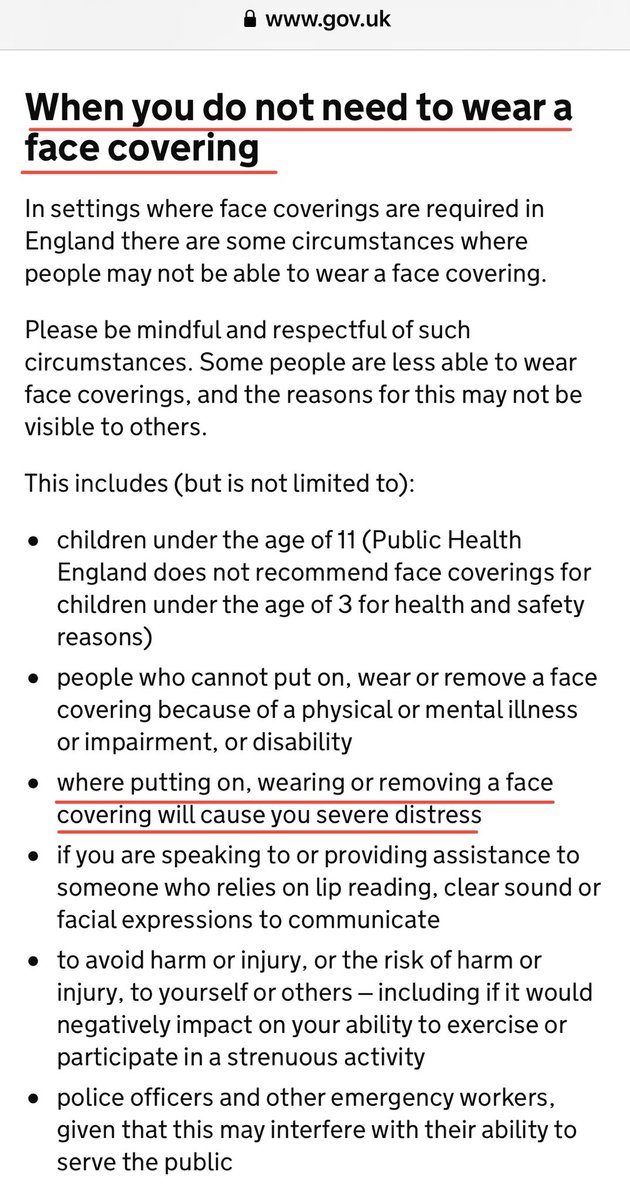 JuliaHB1's tweet photo. Some helpful information on mask exemptions for those who find it "severely distressing" to be forced to wear a pointless piece of cloth over their face to go about their normal lives. Remember, they've never worn masks in No10 Downing Street. It's all just the theatre of safety. https://t.co/BPz0ldJ1xK