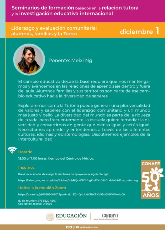 CONAFE_mx's tweet photo. Exploremos con @meiximeix la forma en que la tutoría puede generar una pluriversalidad de valores y saberes, en los Seminarios de formación basados en la relación tutora y la investigación internacional.
Cita: 1 de diciembre a las 15:00 hrs. CDMX 🇲🇽. 
👇
Facebook CONAFE https://t.co/zkg8VKCMo5