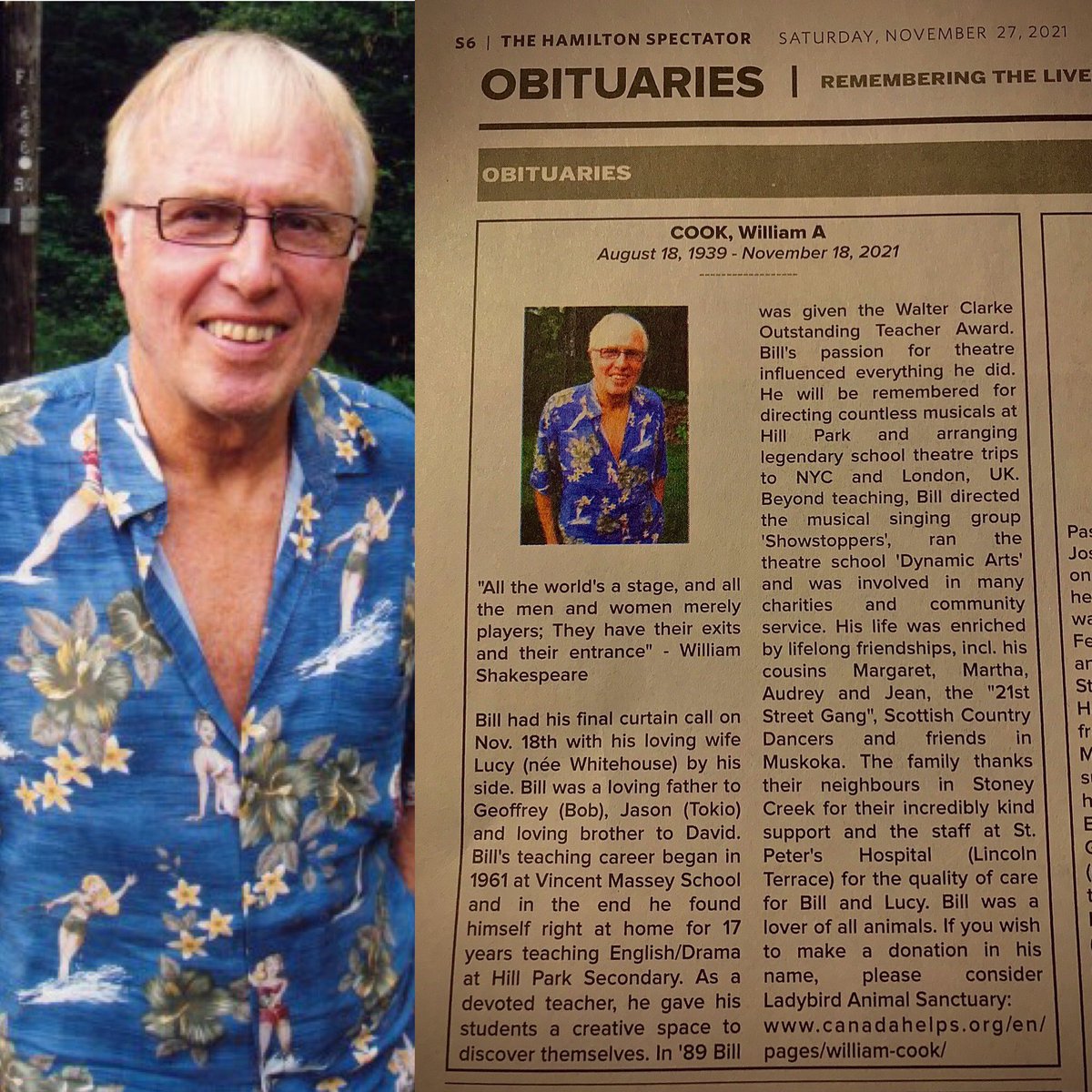 lylamiklos's tweet image. The obit for my #HillPark High School Drama Teacher #BillCook is in today's @TheSpec. 😪💔🎭🗞

The online version can be found at legacy.com/ca/obituaries/…

A donation page in support of @lbas2010 has been created in tribute to him. 🐈 🐶 🦜 

canadahelps.org/en/pages/willi…