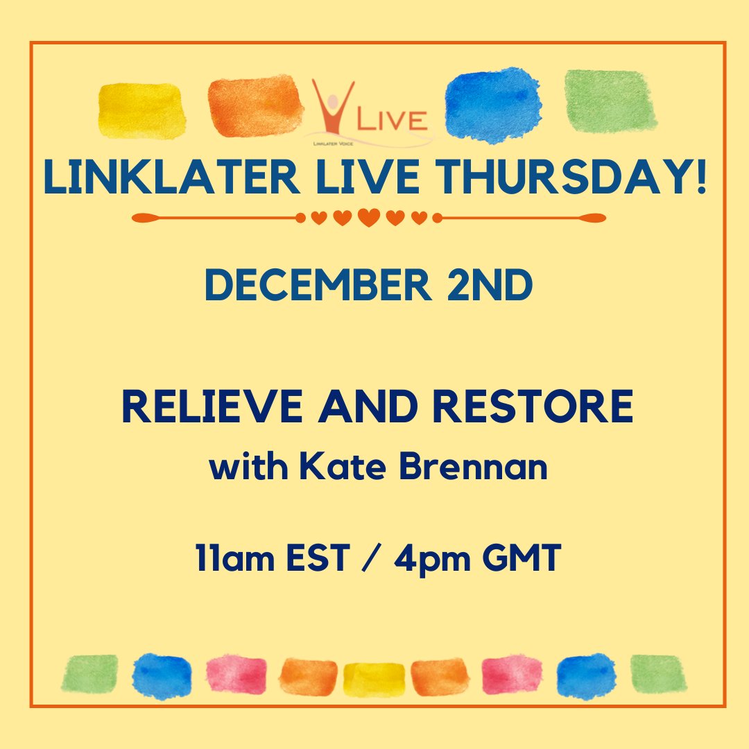 LinklaterVoice's tweet photo. This week's warmups is a Restorative warmup that concludes with Yoga Nidra! Led by Kate Brennan
Book here! : https://t.co/GGo3FyDTq6
#kristinlinklater #kirstinlinklatervoicecentre #linklaterlive #voicewarmup #voicetraining https://t.co/MBYfaheMCG