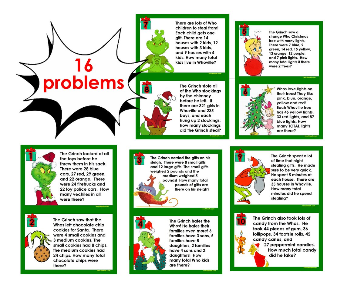 ElemTeach81's tweet photo. FREE! 24 Grinch word problems for grades 2-3 and 4-5!
Great for a center or for Winter Break.
Download urs here: https://t.co/c5xOz7REdy…
#satchat #satchateu #edugladiators #822chat #leadupchat #educhat #grinch #teaching https://t.co/IZM1EhaN7v