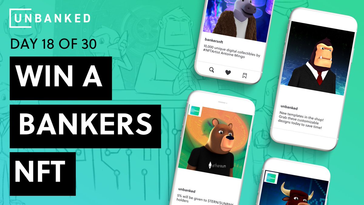 UnbankedHQ's tweet photo. 🌈 Day 18 🌈

Our Bankers #NFTGiveaway needs a winner! You could get a #BankersNFT and @UNBNK membership in one. 

This is the #NFTdrop you don't want to miss 😎

Follow us, like &amp; RT this post, and tag 2 friends in the comments 

Bankers - https://t.co/knbKiYYiZ9 https://t.co/DyzzF6J1v6