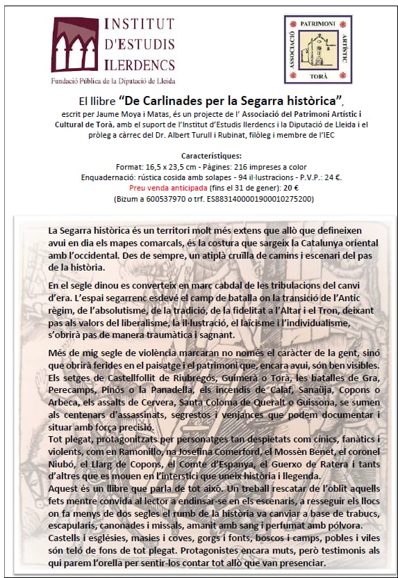 Alta_riba's tweet photo. Interessant proposta de llibre d'en @JaumeMoyaM "DE CARLINADES PER LA SEGARRA HISTÒRICA". Tot el nostre suport per a que sigui una realitat ben aviat.  Més info a la foto adjunta. https://t.co/C81yEHkvv2
