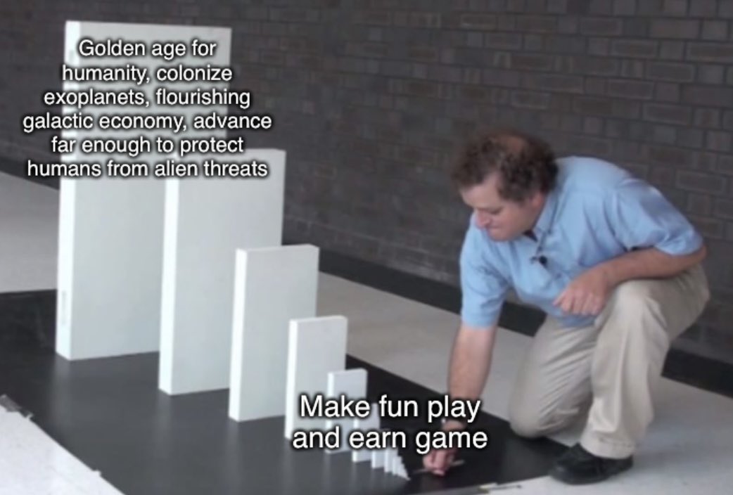 ryzemew's tweet photo. Make play to earn &amp; play and earn sustainable with crazy fun core loops that respect users’ time,

so we can advance the state of UX in crypto x games and trigger the next golden age in humanity

Seriously, let’s not mess this up by focusing on number go up https://t.co/2GYg6KZKYp