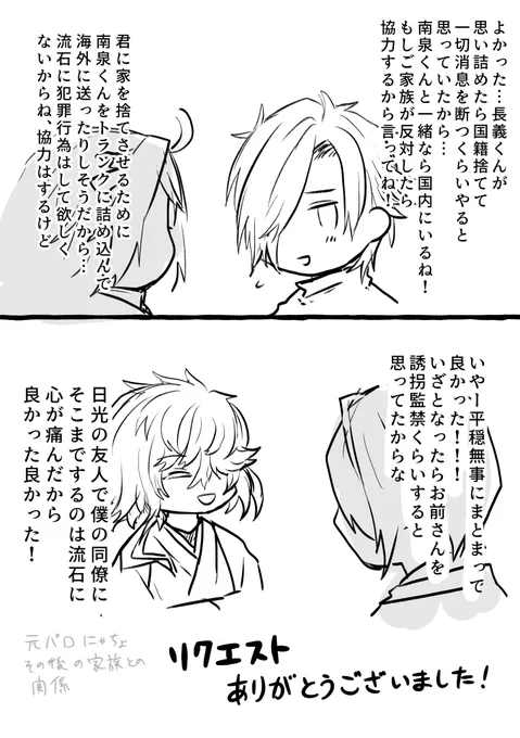 書き込みボードからのリクエスト頂いた現パロにゃちょ(https://t.co/TdNrsUUPHh)のその後の家族付き合いです。お互いの相手に対してとても友好的です、平和に付き合っていけると思います 