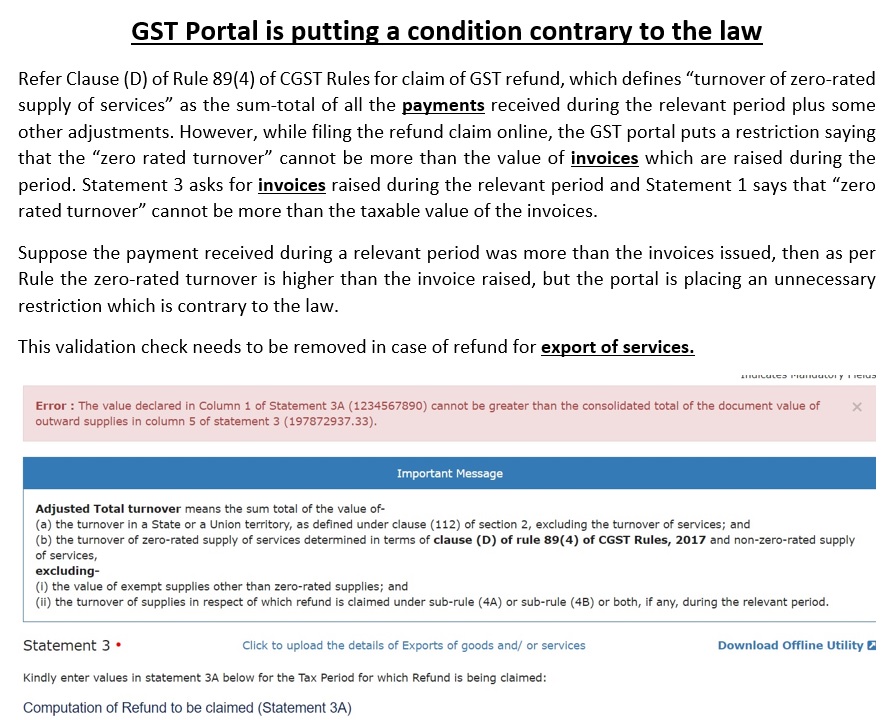 palkeshasawa's tweet photo. @askGST_GoI @Infosys_GSTN @GST_Council @FinMinIndia @cbic_india @theicai 
GST portal restricts refund contrary to law. ITC refund for export of services WOPAY, portal limits zero-rated turnover to invoice value but rule 89(4) says payment recd. Remove the limit for service refund https://t.co/MwyiM6A0D6