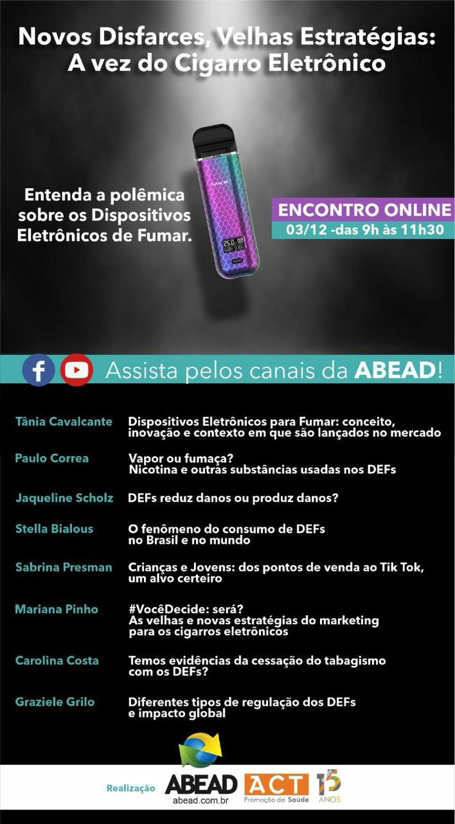 🚨 Anote na agenda: conversa sobre Dispositivo eletrônico para fumar no dia 03/13 às 9h. #vapevicia #novosprodutosvelhosproblemas
<a href="/ifmsabrazil/">IFMSA Brazil</a> <a href="/cienciasuja/">Podcast Ciência Suja</a> <a href="/FredLAFernandes/">Fred Fernandes</a> @fabioirodrigues <a href="/EduGiraoOficial/">Eduardo Girão</a>
