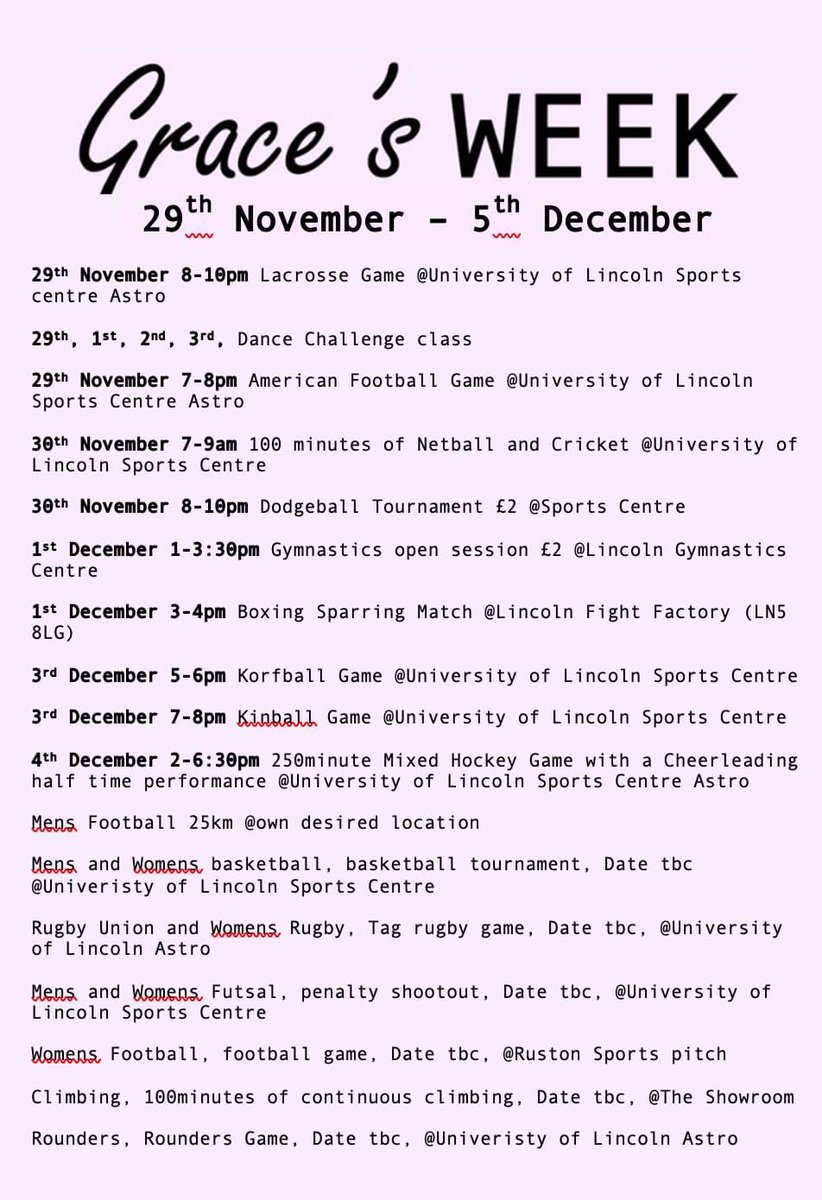 The University of Lincoln Hockey Club will be celebrating the life and legacy of Grace Millane, through our annual week of fundraising. Supporting 3 amazing charities.