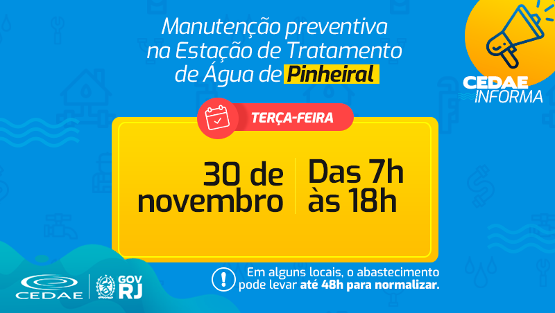 CedaeRJ's tweet photo. 🚧 Na próxima terça (30), das 7h às 18h, faremos manutenção preventiva para limpeza dos decantadores da Estação de Tratamento de Água (ETA) de #Pinheiral, na região do Médio Paraíba. https://t.co/eyz0sIZdN9