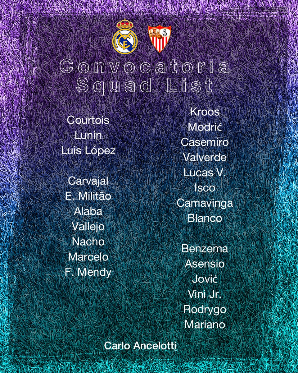 realmadriden's tweet photo. 📋✅ Our squad for #RealMadridSevillaFC! https://t.co/LREH3Wo3Ki