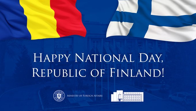MAERomania's tweet photo. Happy National Day to #Finland and its citizens! #Romania 🇷🇴 is committed to strengthen bilateral ties with Finland 🇫🇮 &amp; to continue cooperating for a safer &amp; more prosperous European Union 🇪🇺. @Ulkoministerio https://t.co/QL3GImALk7