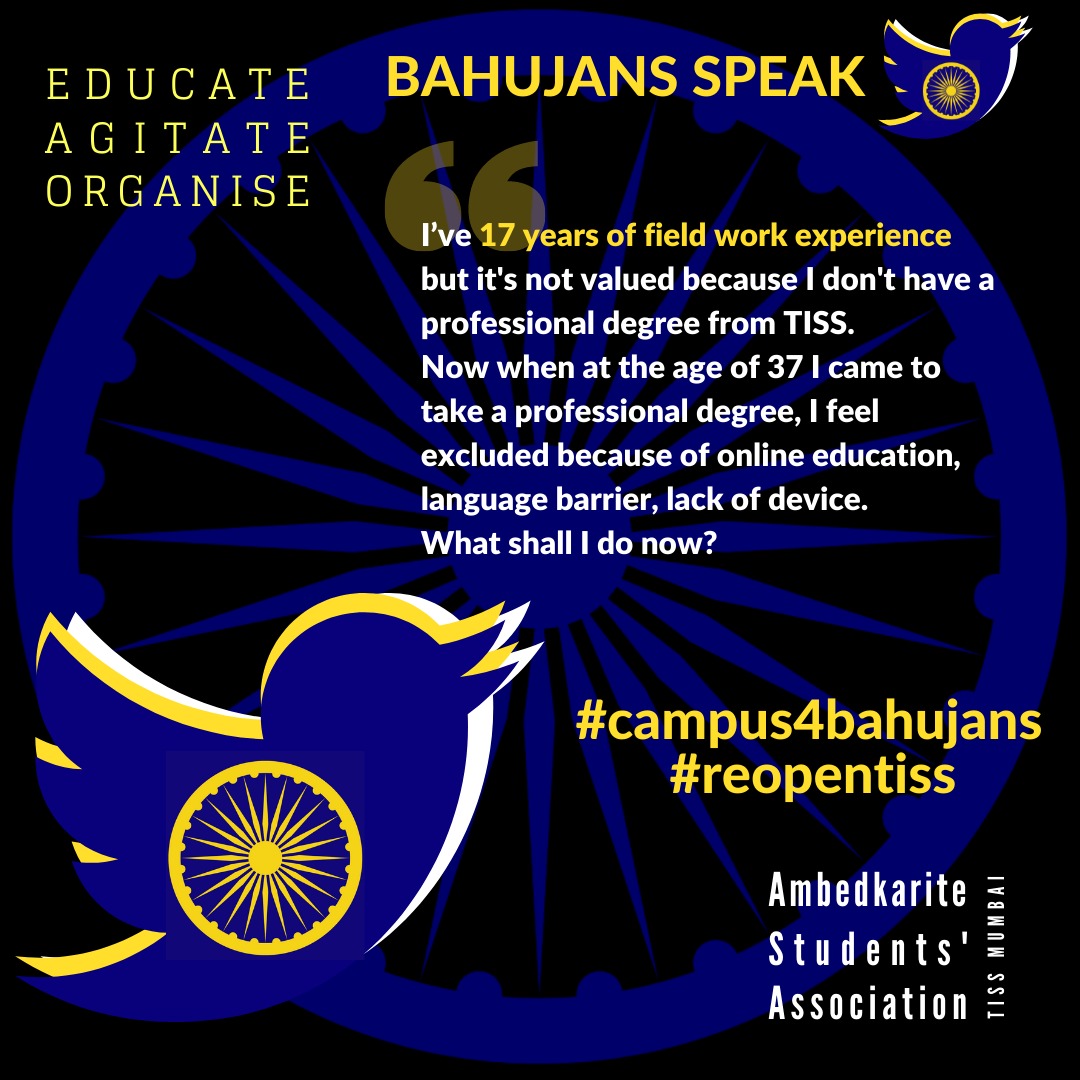 asa_tiss's tweet photo. The Ambedkar Students Association  TISS Mumbai demands TISS to reopen and give preference to Bahujan Students. #ReopenTISS #Campus4Bahujans
@dpradhanbjp @OfficeofUT @Dev_Fadnavis @samant_uday @dr_nitinraut @TISSpeak https://t.co/kDhgVlxp3p