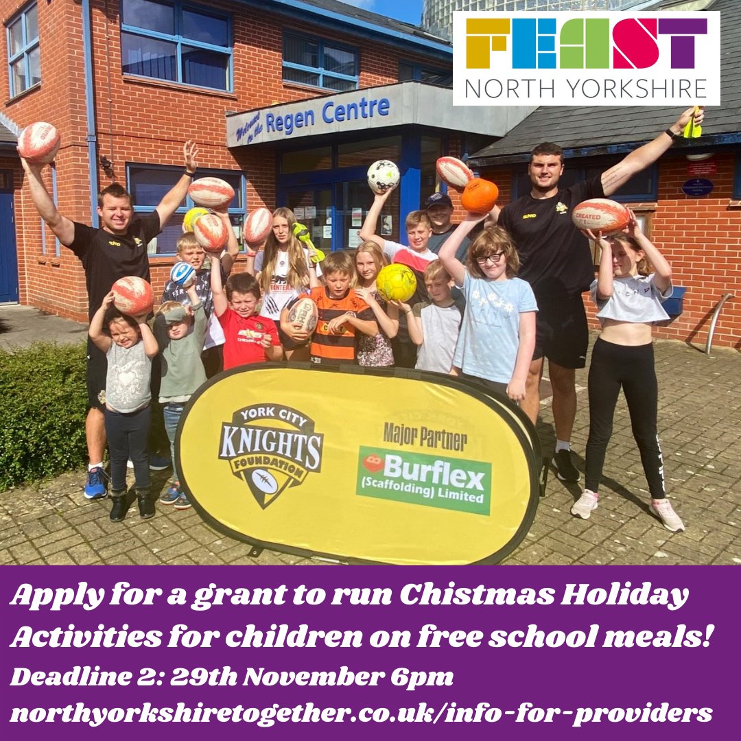 📢 TWO DAYS LEFT TO APPLY! 📢

Holiday activity providers have until Monday at 6pm to apply for a FEAST grant!

This grant is for offering free places to children receiving benefits-related free school meals this Christmas.

APPLY NOW ➡️ northyorkshiretogether.co.uk/info-for-provi…