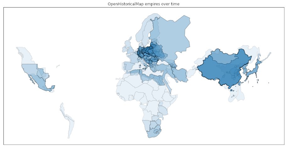 The extent of different empires in world history stacked on top of each other, based on the data from @OpenHistMap #30DayMapChallenge