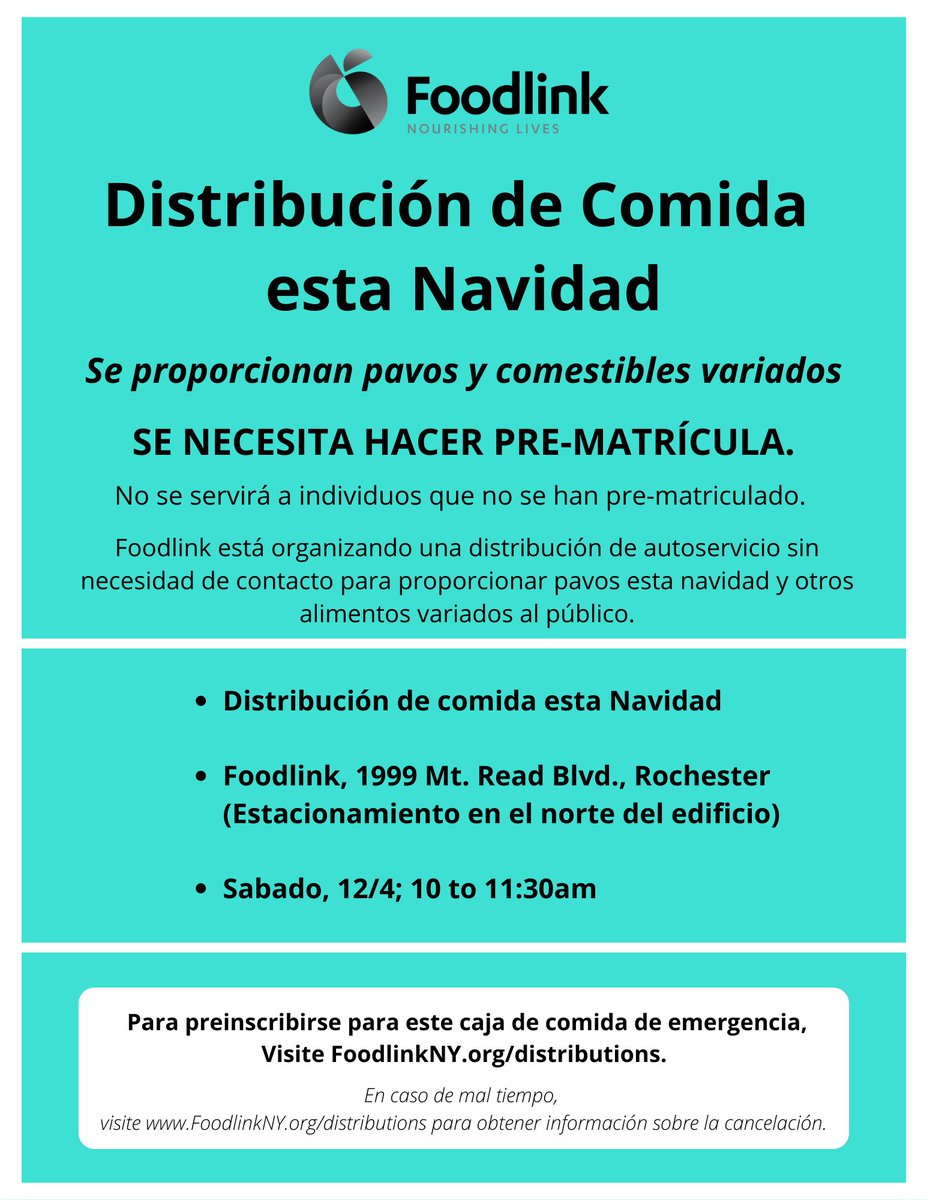 🚨 Food distribution alert 🚨

Foodlink will be hosting a holiday food distribution on Saturday, Dec. 4 (10-11:30am). Free turkeys and assorted groceries will be available to all who register in advance. 
Sign up at: forms.gle/FAnPDMUL8BFPXd…