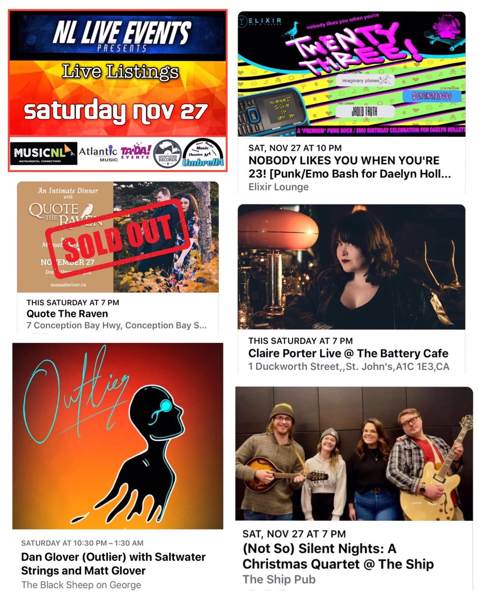 NLLiveEvents's tweet photo. Saturday Nov 27/2021.
@VOCMOpenline @_MusicNL_ @VOCMBen @BenClearyNL @RadioGregSmith @OnTheGoCBC @DannyBreenNL @chmrmunradio @ZachSnowNL @OutoftheFogTV @AngelaMRecord @Bluestar0612 @KenBNL @EasternPassage1 @DowntownStJohns @NLArtsCouncil @RonEllsworth https://t.co/rdGPWVxnw0