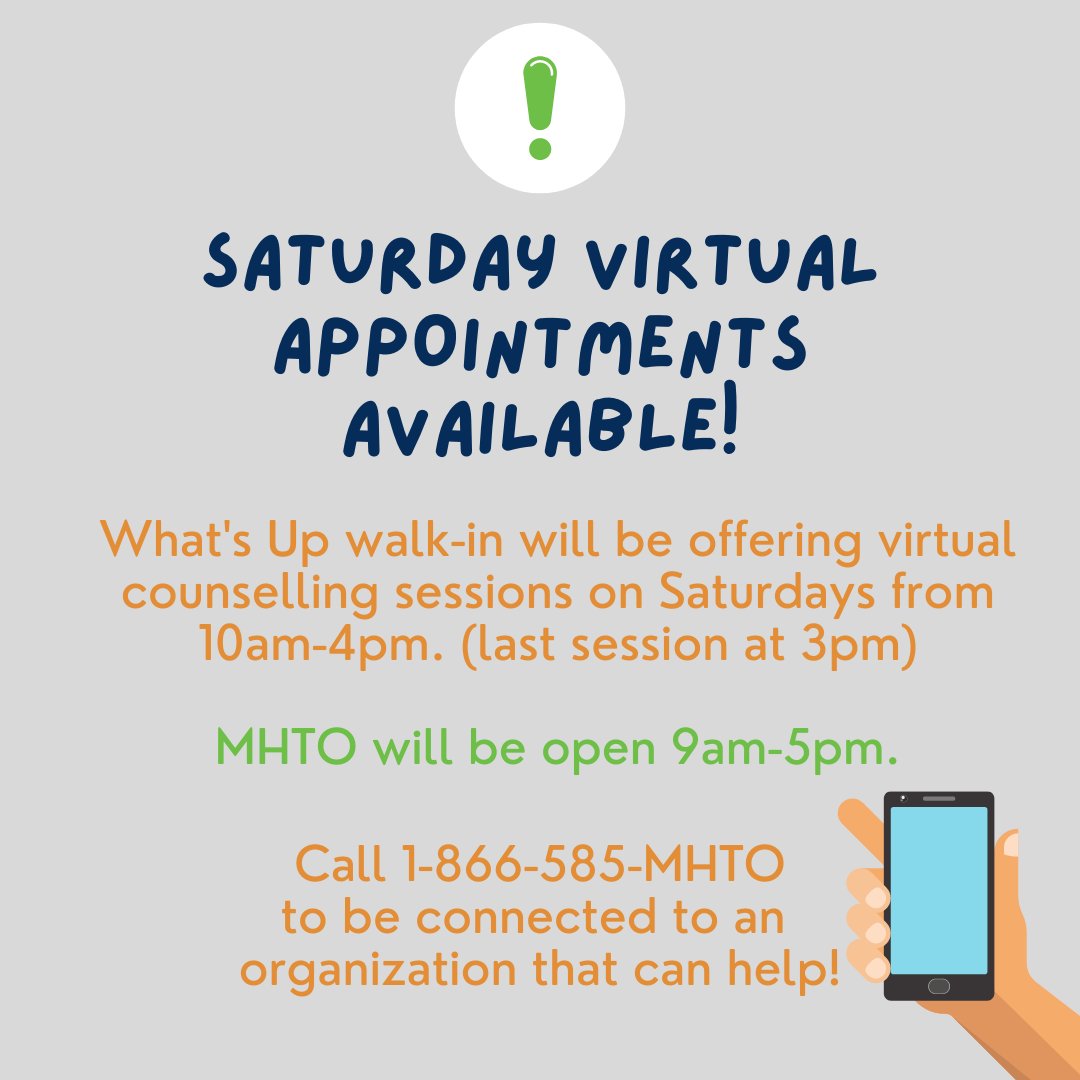 HelpAheadTO's tweet photo. Reminder our phone lines are open for Saturday counselling sessions with @whatsupwalkin! 

Call 1-866-585-MHTO to be connected for a same day appointment.

#MentalHealthTO #counselling #WhatsUpWalkIn #torontoyouth #therapy #toronto https://t.co/Jpdh44FAfs