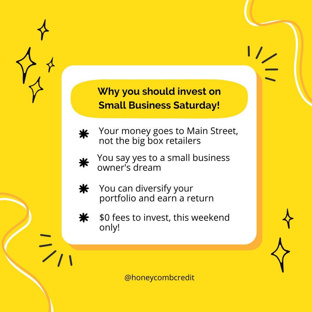 honeycombcredit's tweet photo. Happy Small Business Saturday🎉 Head on over to our website to meet the businesses raising money for growth projects + be a part of their hopes for the future.

Plus, don't miss out on your chance to invest with $0 fees in our only sale of the year! 
https://t.co/3zbTMzz7Ic https://t.co/0Id0uBAIEv