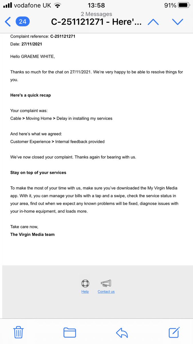 GraemeWhite80's tweet photo. @virginmedia Great response considering I haven’t spoken to anyone about my complaint at Virgin Media! Swept under the carpet… nice one 👌🏼
#poorcustomerservice #expected https://t.co/YMhBSGXpcJ