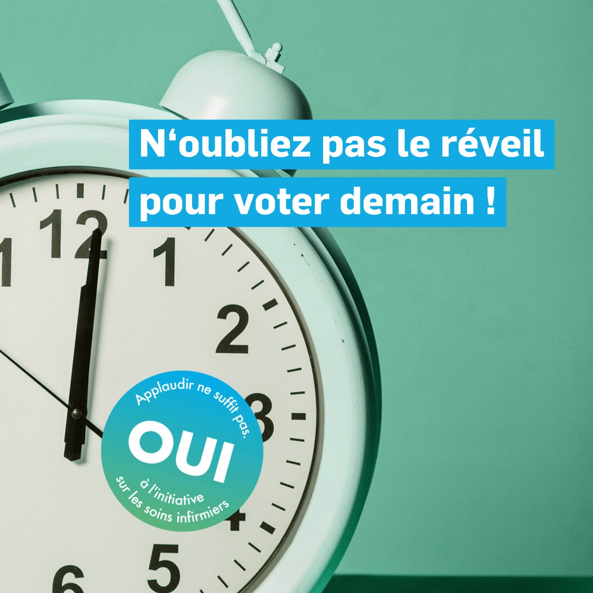 SoinsFortsOUI's tweet photo. 🗳 On vote demain! N'oubliez pas de mettre votre réveil pour arriver à temps à votre bureau de vote et glisser un Oui à l'#initiativeSoinsInfirmiers! 💚 💙
#SoinsFortsOui #SoinsInfirmiers https://t.co/3ALGluIbCM