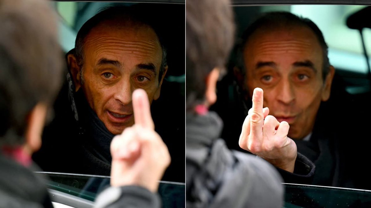 🇫🇷 FLASH I À #Marseille, alors qu’une femme s’approchait de la voiture d’Eric #Zemmour, qui avait accepté de baisser sa vitre, cette dernière lui a fait un #doigt d’honneur, avant que Zemmour n’en fasse un à son tour en affirmant « et bien profond ». 

(AFP) #France