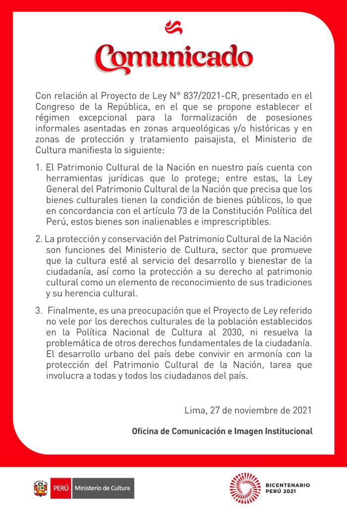 MinCulturaPe's tweet photo. COMUNICADO | El Ministerio de Cultura informa a la ciudadanía lo siguiente: https://t.co/RN3qs3gtf3