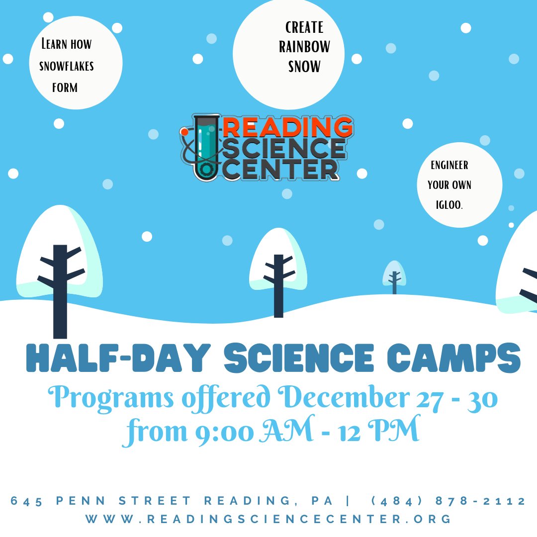RdgSciCenter's tweet photo. Make winter break a little exciting this year with our half-day science camps! More info on our website, check it out!! #WinterBreakActivity #Science #RDGSCI https://t.co/CHkmjzXIMh