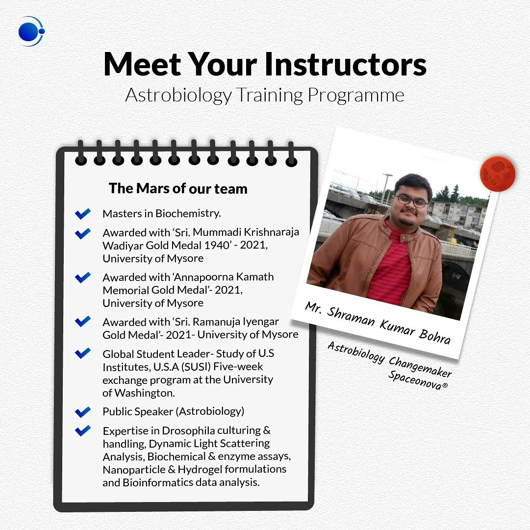 Meet your #educators for India's first-ever #Astrobiology Training Programme.
This is Shraman,a Biochemist with a decorated history in academics.
With all his #experience,he is equipped with the best tools to captivate youth looking to take their first steps towards Astrobiology.