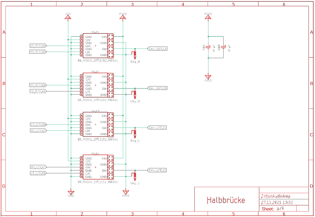 Dies ist der Schaltplan für die GaN-Halbbrücken, welche wir als fertige Module gestellt bekommen.
#GaN #halfbridges #schematic #eagle