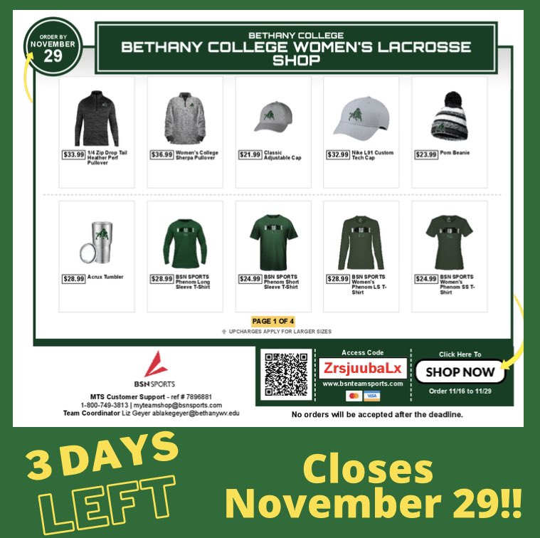 Don’t forget to check out our team store!! Get your team gear at the Bethany College Women's Lacrosse Shop My Team Shop by November 29th! bit.ly/3x6fqbn