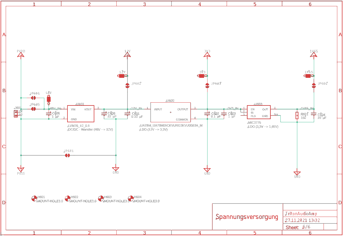 Last but not least, die Spannungsversorung ohne die alles nicht funktionieren würde. Sie stellt 48V, 12V, 3.3V und 1.65V für die weiteren Module unseres Verstärkers zur Verfügung.
#audio #amplifier #powersupply #schematic #eagle