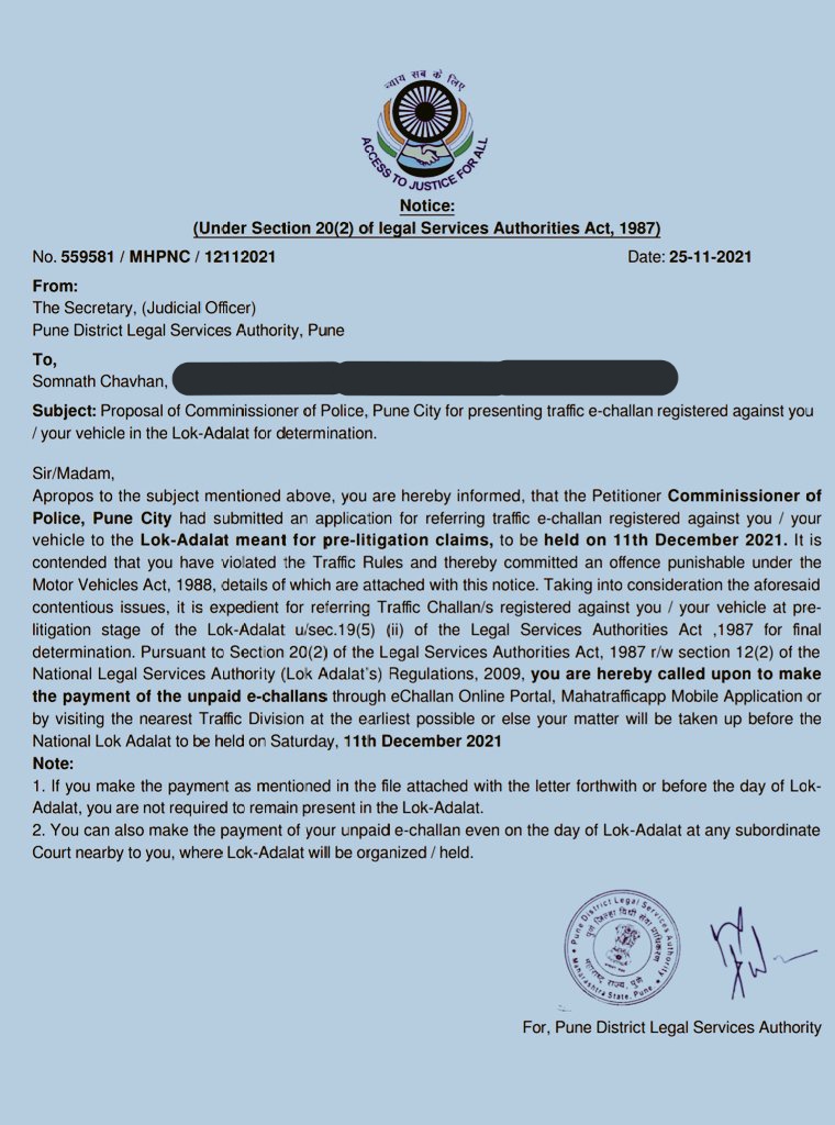 DocAbhijitM's tweet photo. Received this LokAdalat notice on my mother's phone for Somnath Chavan (MH12QV8323). We don't know this person &amp; nobody own this vehicle in family.
Posting here for your info that number in your records is wrong for this person @PuneCityPolice @PuneCityTraffic @DGPMaharashtra https://t.co/dY7F8b2NJU