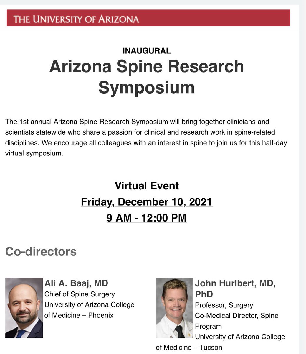AliBaajMD's tweet photo. Excited to be organizing and co-directing the first ever *Arizona Spine Research Symposium* In a first of its kind statewide initiative, we are bringing together clinicians and scientists to share their cutting-edge spine-related research. Join us! https://t.co/l4mHK9rwbK https://t.co/kxRLG5ipDK