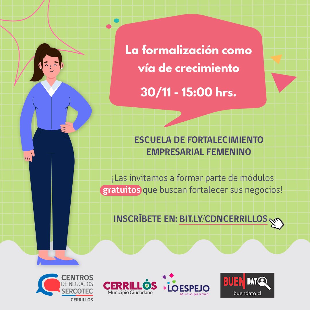 📢¡Atención mujeres emprendedoras y empresarias! 1º versión de Escuela de Fortalecimiento Empresarial Femenino 100% #gratuita 👩‍💻🚀

👉🏻La formalización como vía de crecimiento 30/11 - 15:00hrs.

Inscríbete directamente en ➡️bit.ly/cdncerrillos
