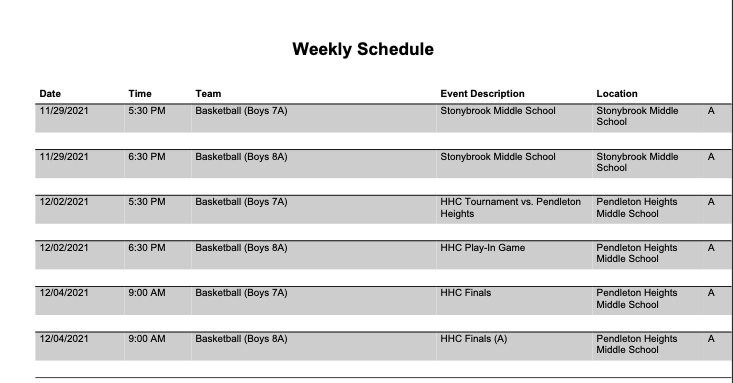 Here is the GCJH Athletics schedule for the week of Nov. 29.  Boys basketball will only play on Dec. 4 if they win their game at Pendleton on Dec. 2.