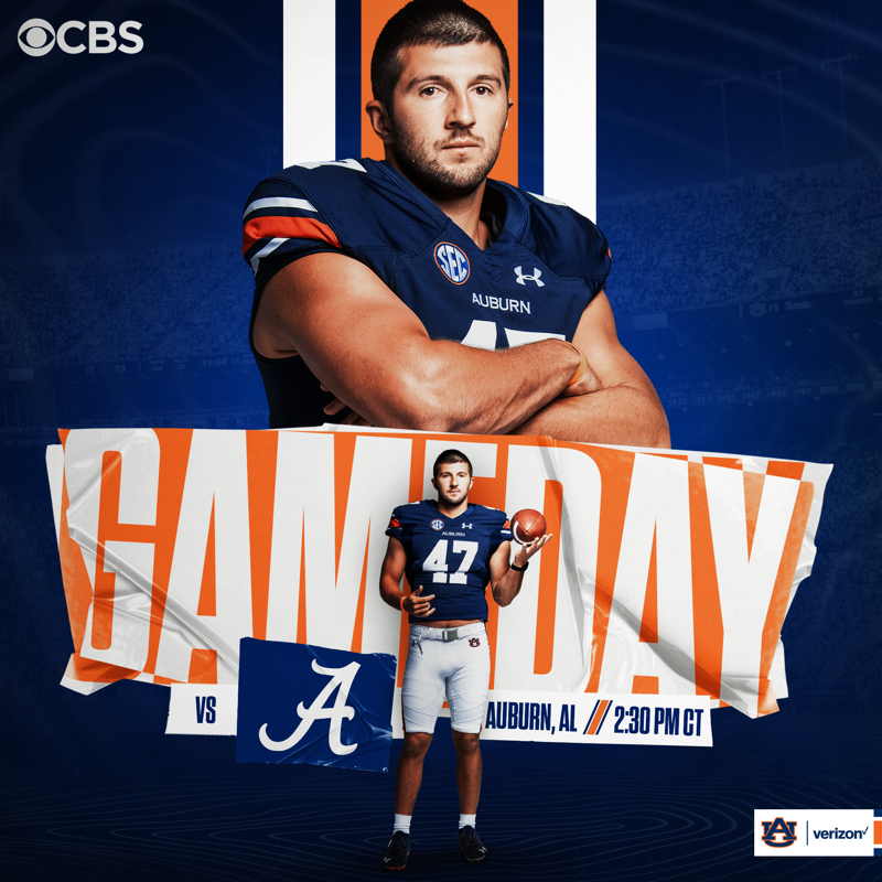 AuburnFootball's tweet photo. 𝐖𝐀𝐊𝐄 𝐔𝐏! 𝐈𝐓'𝐒 𝐆𝐀𝐌𝐄𝐃𝐀𝐘!

📍: Auburn, AL
⌚️: 2:30 p.m. CT
📺: CBS

#WarEagle | #AuburnMade