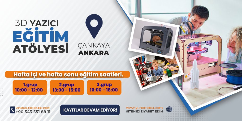 3D YAZICI EĞİTİM ATÖLYESİ

📍Çankaya/ANKARA'dayız 📍

Maximum 5'er kişilik gruplarda Kaliteli Eğitim İmkanı!
Size uygun eğitim saatlerini seçebilirsiniz!

Bilgi ve kayıt için;
0543 551 88 11

#ankara #çankaya #3dyazici #3dyaziciatölyesi #eğitim #kurs #3boyutluyazici