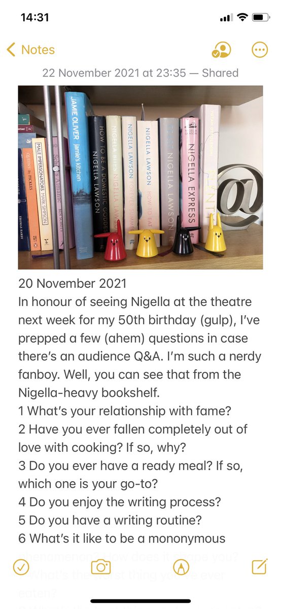 jazzajones's tweet photo. ⁦@Nigella_Lawson⁩ You were really great on stage in Cardiff last night. Funny, engaging and connected. It was a great way to mark my 50th. These were the 30 (!) questions I prepped for the Q&amp;A. Fanboy much? https://t.co/VMcuN9M9OK