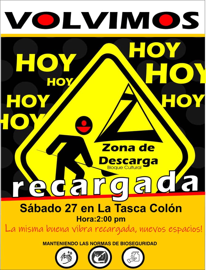 HOY VOLVEMOS CON LA
ZONA DE DESCARGA RECARGADA
Llégate a las 2 pm a la Tasca Colón con medidas de prevención y con ganas de pasarla bien!
Buena vibra recargada con entrada gratuita y una gran programación.
La fiesta será además la clausura del 5to Festival de Perfopoesía Valencia