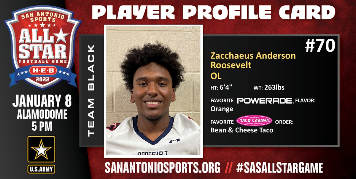 SA_Sports's tweet photo. Meet @TheZacchaeusA from @TRRoughRiderFB who will compete in the San Antonio Sports All-Star Football Game pres. by @HEB at the Alamodome on Jan. 8 @ArmySanAntonio #SASAllStarGame @USArmy #WhatsYourWarrior @POWERADE @TacoCabana @NEISD @NeisdAthletics @TRsportsbooster https://t.co/C2VtLZLTRJ