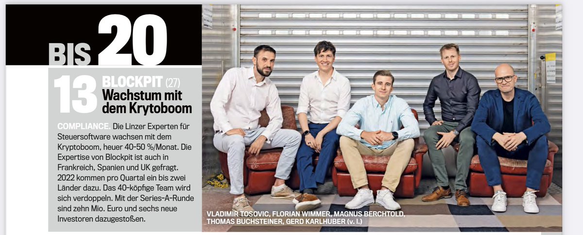 Gerd_Karlhuber's tweet image. Very honored to be ranked #13 in #trend. magazine 100 best startups in Austria amongst many rockstars. 🙏🏼Thanks to all supporters 🚀
#blockpit #cryptotax #blockchainrevolution #wearehiring 
lnkd.in/eJZ9YTH4
Kudos to our friends at @bitpanda for 3 times winner in a row 🎉