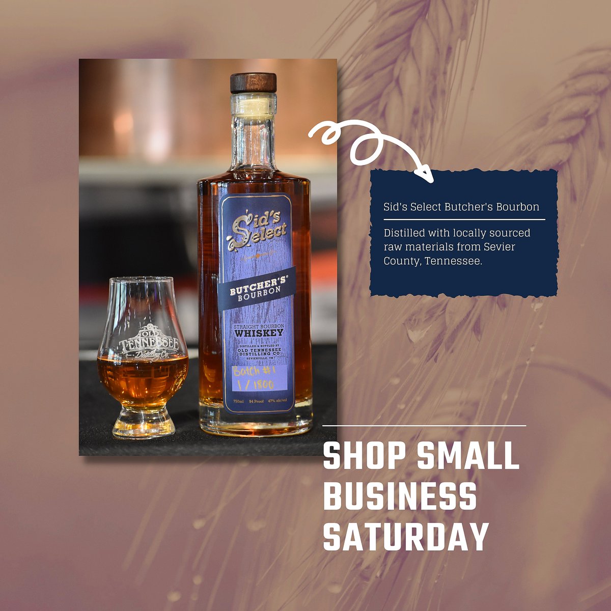 Looking to #ShopLocal this #SmallBusinessSaturday? 👀 
Visit #OldTNDistilling to purchase Sid’s Select™ Butcher's® Bourbon. 

⭐️ Made with locally-sourced heirloom corn from Sevier County
⭐️ Aged in new charred, white oak barrels &amp; tempered with pure English Mountain Springwater