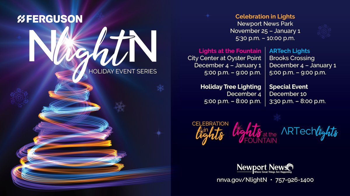 🎄Celebrate the holidays in Newport News with the Ferguson NlightN Holiday Event Series. Visit nnva.gov for a complete list of exciting events you don't want to miss!