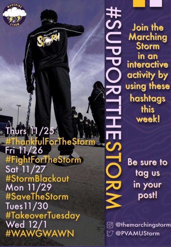 PVAMUGMC's tweet photo. GMC 📣 stands with the Storm⛈ We love the Marching Storm ⛈💜💛  #savethestorm #pvamu #Pvnation‼️‼️‼️ https://t.co/ahFkuc3qiA